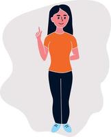 Cartoon girl with a pointing finger. Female pointing or attracting viewers attention. Bright hand drawn girl with raised index finger vector