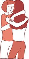 Two girls are hugging. Simple hand drawn line art symbolizes friendship, love and support. Pale orange colors. Isolated on white background vector