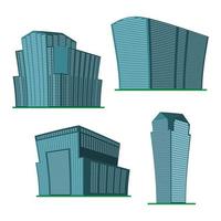 Set of four modern high-rise building on a white background. View of the building from the bottom. Isometric vector illustration.