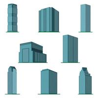 Set of eight modern high-rise building on a white background. View of the building from the bottom. Isometric vector illustration.