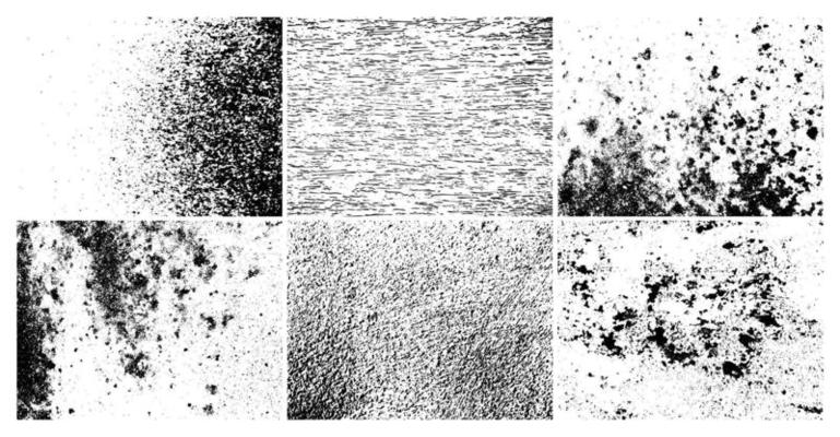 Grunge grainy dirty texture. Set of six abstract urban distress overlay backgrounds. Vector illustration