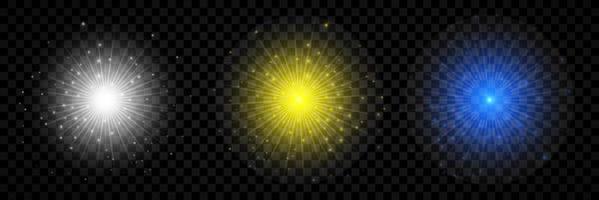 Light effect of lens flares. Set of three white, yellow and blue glowing lights starburst effects with sparkles vector