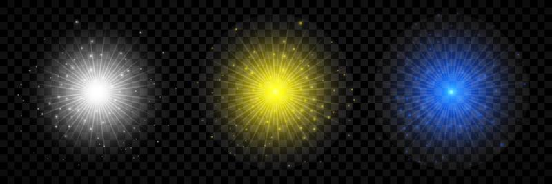 Light effect of lens flares. Set of three white, yellow and blue glowing lights starburst effects with sparkles