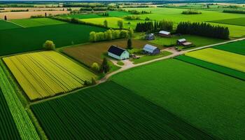 generativo ai, granja paisaje, agrícola campos, hermosa campo, país la carretera. naturaleza ilustración, fotorrealista parte superior ver zumbido, horizontal bandera. foto