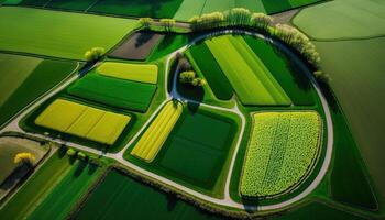 , Farm landscape, agricultural fields, beautiful countryside, country road. Nature Illustration, photorealistic top view drone, horizontal banner. photo