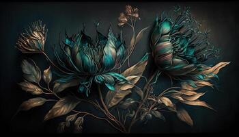 , Close up of blooming flowerbeds of amazing teal flowers on dark moody floral textured background. Photorealistic effect. photo