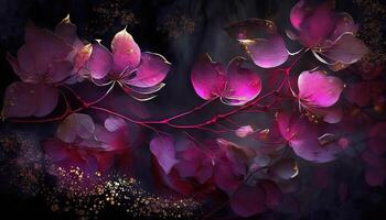 , Close up of blooming flowerbeds of amazing viva magenta flowers on dark moody floral textured background with golden particles. Photorealistic paint effect. photo