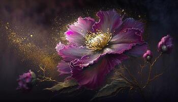 , Close up of blooming flowerbeds of amazing viva magenta flowers on dark moody floral textured background with golden particles. Photorealistic paint effect. photo