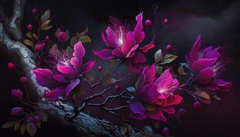 , Close up of blooming flowerbeds of amazing viva magenta flowers on dark moody floral textured background with golden particles. Photorealistic paint effect. photo