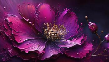 , Close up of blooming flowerbeds of amazing viva magenta flowers on dark moody floral textured background with golden particles. Photorealistic paint effect. photo