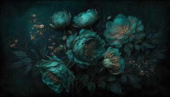 , Close up of blooming flowerbeds of amazing teal flowers on dark moody floral textured background. Photorealistic effect. photo