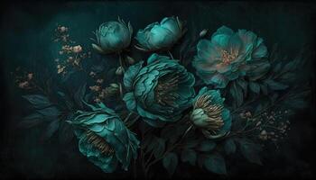 , Close up of blooming flowerbeds of amazing teal flowers on dark moody floral textured background. Photorealistic effect. photo