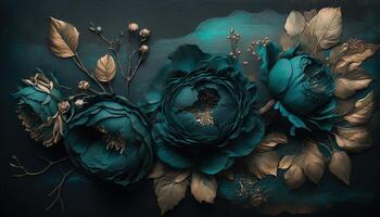 , Close up of blooming flowerbeds of amazing teal flowers on dark moody floral textured background. Photorealistic effect. photo