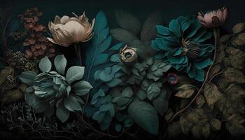 , Close up of blooming flowerbeds of amazing teal flowers on dark moody floral textured background. Photorealistic effect. photo