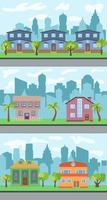 Set of three vector illustrations of city street with cartoon houses and trees. Summer urban landscape. Street view with cityscape on a background