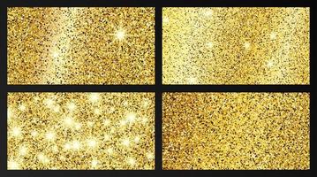 Set of four golden glittering backgrounds with gold sparkles and glitter effect. Banner design. Empty space for your text. Vector illustration