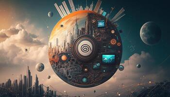 , Internet of things IOT devices and connectivity on a network, cloud at center, horizontal illustration. Technology concept, smart home. photo