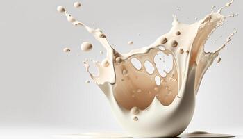 , Flowing liquid with splashes in white color. Glossy creamy milk fluid banner, 3D effect, modern macro photorealistic abstract background illustration. photo