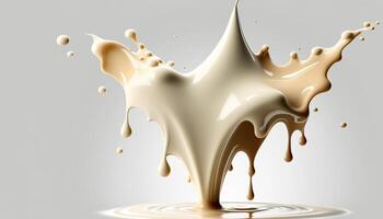 , Flowing liquid with splashes in white color. Glossy creamy milk fluid banner, 3D effect, modern macro photorealistic abstract background illustration. photo