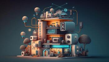 , Internet of things IOT devices and connectivity on a network, cloud at center, horizontal illustration. Technology concept, smart home. photo