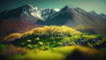 , Mountains spring green landscape, houses, trees, road, beautiful countryside. Nature Illustration, photorealistic tilt shift horizontal banner. photo