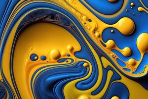 , Flowing liquid with splashes in blue and yellow color. Glossy Ukrainian flag fluid banner, 3D effect, modern macro photorealistic abstract background illustration. photo