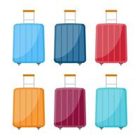 Set of six multicolored wheeled travel bag with luggage on white background. Suitcase for journey trip in flat style. Vector illustration