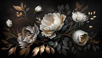 , Close up of blooming flowerbeds of amazing white and golden flowers on dark moody floral textured background. Photorealistic effect. photo