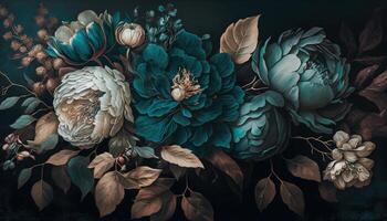 , Close up of blooming flowerbeds of amazing teal flowers on dark moody floral textured background. Photorealistic effect. photo