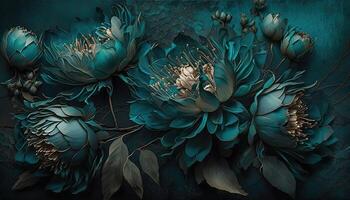 , Close up of blooming flowerbeds of amazing teal flowers on dark moody floral textured background. Photorealistic effect. photo