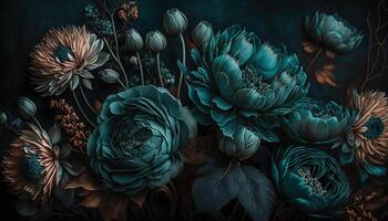 , Close up of blooming flowerbeds of amazing teal flowers on dark moody floral textured background. Photorealistic effect. photo