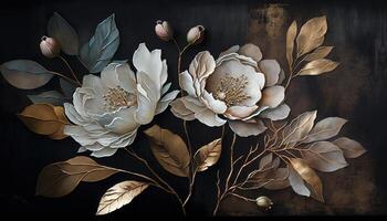 , Close up of blooming flowerbeds of amazing white and golden flowers on dark moody floral textured background. Photorealistic effect. photo