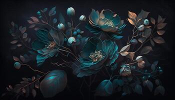 , Close up of blooming flowerbeds of amazing teal flowers on dark moody floral textured background. Photorealistic effect. photo