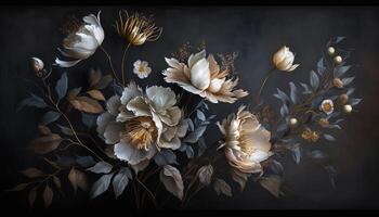 , Close up of blooming flowerbeds of amazing white and golden flowers on dark moody floral textured background. Photorealistic effect. photo