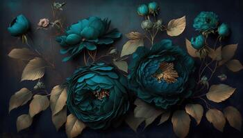 , Close up of blooming flowerbeds of amazing teal flowers on dark moody floral textured background. Photorealistic effect. photo