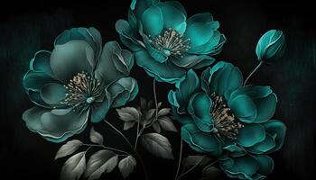 , Close up of blooming flowerbeds of amazing teal flowers on dark moody floral textured background. Photorealistic effect. photo