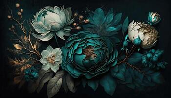 , Close up of blooming flowerbeds of amazing teal flowers on dark moody floral textured background. Photorealistic effect. photo