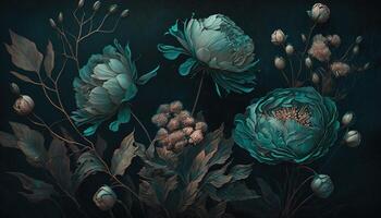 , Close up of blooming flowerbeds of amazing teal flowers on dark moody floral textured background. Photorealistic effect. photo
