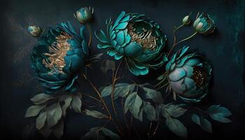 , Close up of blooming flowerbeds of amazing teal flowers on dark moody floral textured background. Photorealistic effect. photo