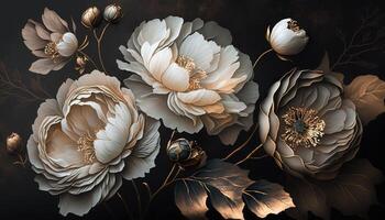 , Close up of blooming flowerbeds of amazing white and golden flowers on dark moody floral textured background. Photorealistic effect. photo