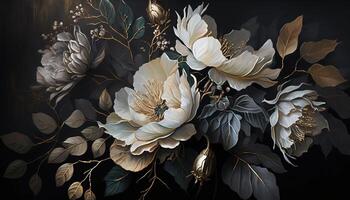 , Close up of blooming flowerbeds of amazing white and golden flowers on dark moody floral textured background. Photorealistic effect. photo