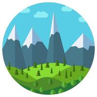 Vector cartoon mountain landscape in circle. Natural landscape in the flat style with blue sky, clouds, trees, hills and mountains with snow on the peaks.