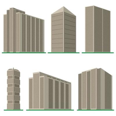 Set of six modern high-rise building on a white background. View of the building from the bottom. Isometric vector illustration.