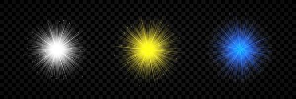 efecto de luz de destellos de lente. conjunto de tres luces brillantes blancas, amarillas y azules efectos de explosión estelar con destellos vector