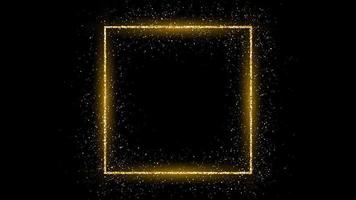 Golden square frame with glitter, sparkles and flares on dark background. Empty luxury backdrop. Vector illustration.