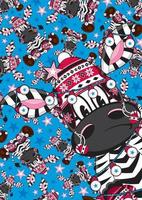 Cartoon Zebra in Wooly Hat Covered in Christmas Baubles Pattern vector