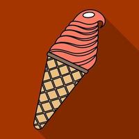 Vector illustration of ice cream in a waffle horn in flat style isolated on brown background with shadow. Vector illustration