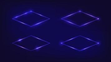 Set of four neon rhomb frames with shining effects on dark background. Empty glowing techno backdrop. Vector illustration.