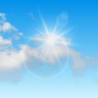 Natural background with clouds and sun on blue sky. Realistic cloud on blue backdrop. Vector illustration