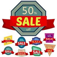 Set of different nine discount stickers. Colorful badges with red ribbon for sale 10 - 90 percent off. Vector illustration.